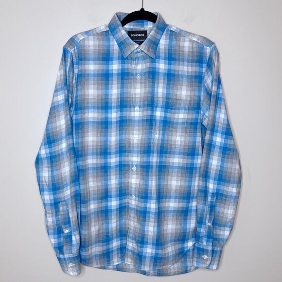 Bonobos Men's Tailored Fit Blue Gray White‎ Plaid Medium Button Front Shirt - Picture 2 of 7
